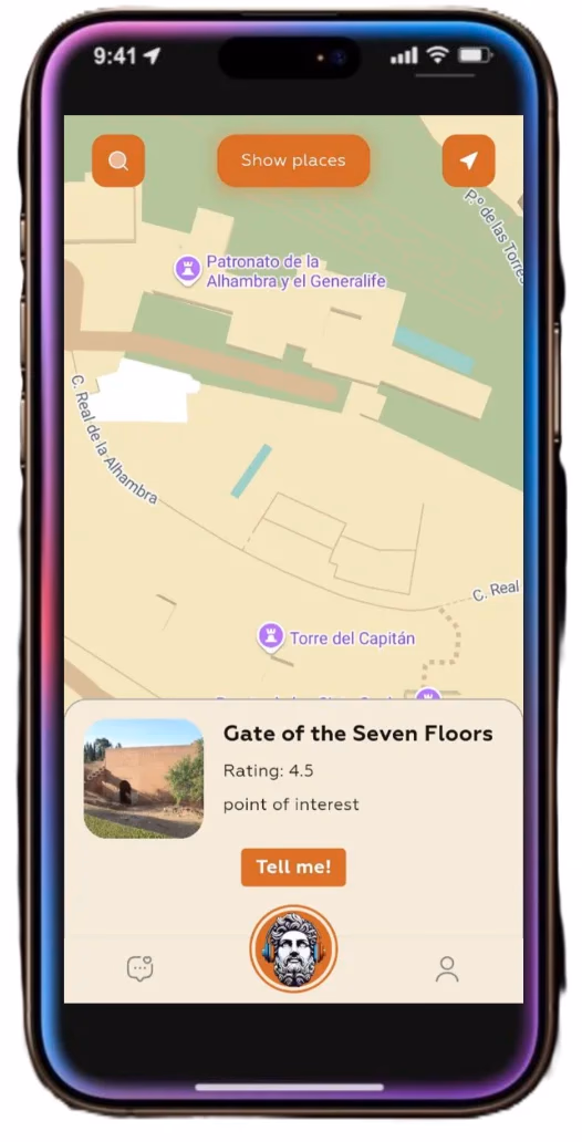 Aplicación Herodot AI mostrando el mapa de la Puerta de los Siete Suelos
