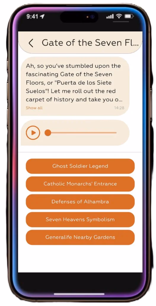 Aplicación Herodot AI mostrando información sobre la Puerta de los Siete Suelos