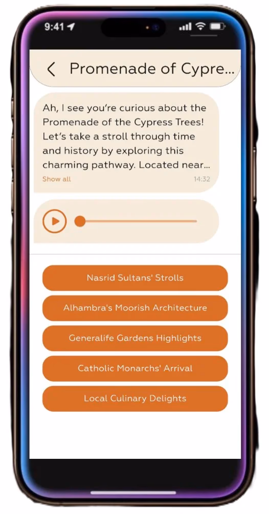 Aplicación Herodot AI mostrando información sobre el Paseo de los Cipreses