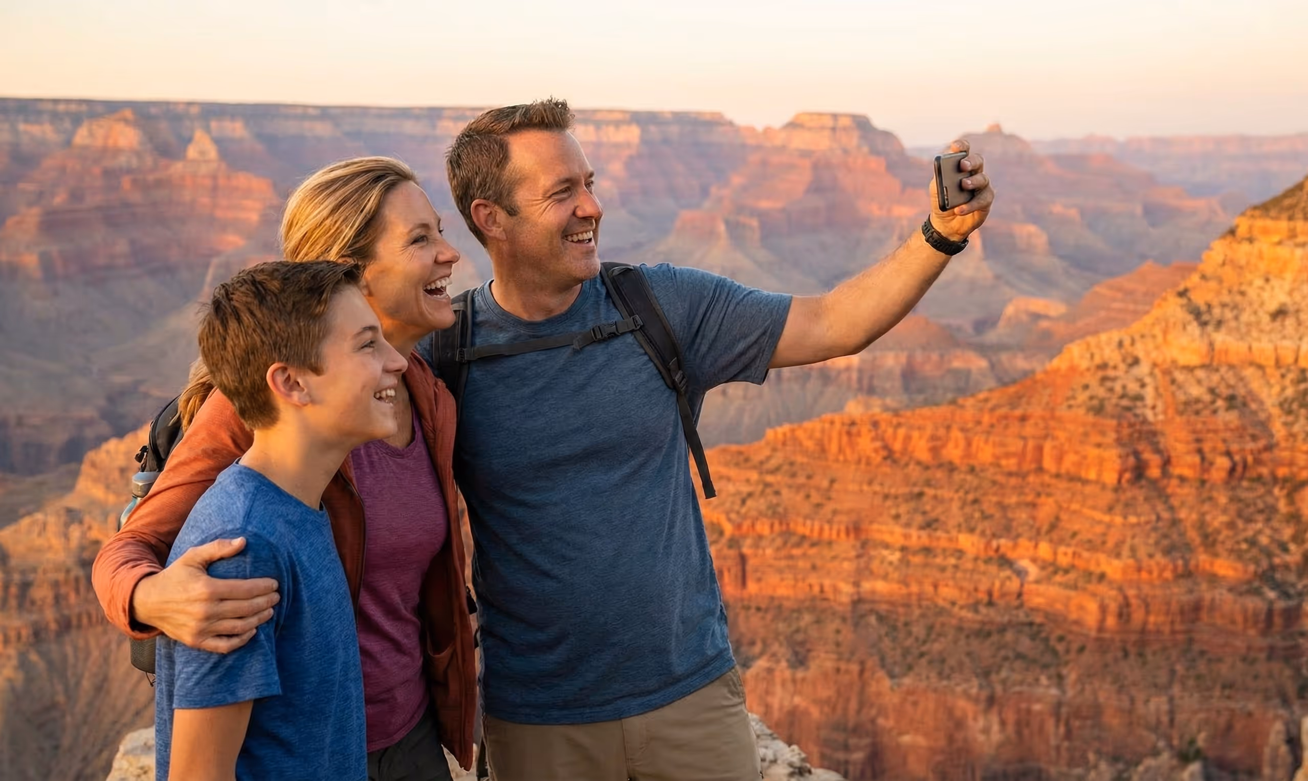 Một gia đình đang khám phá Công viên Quốc gia Yellowstone, với một đứa trẻ đang chĩa điện thoại thông minh vào một mạch nước phun để tìm hiểu về nó thông qua một ứng dụng AI.