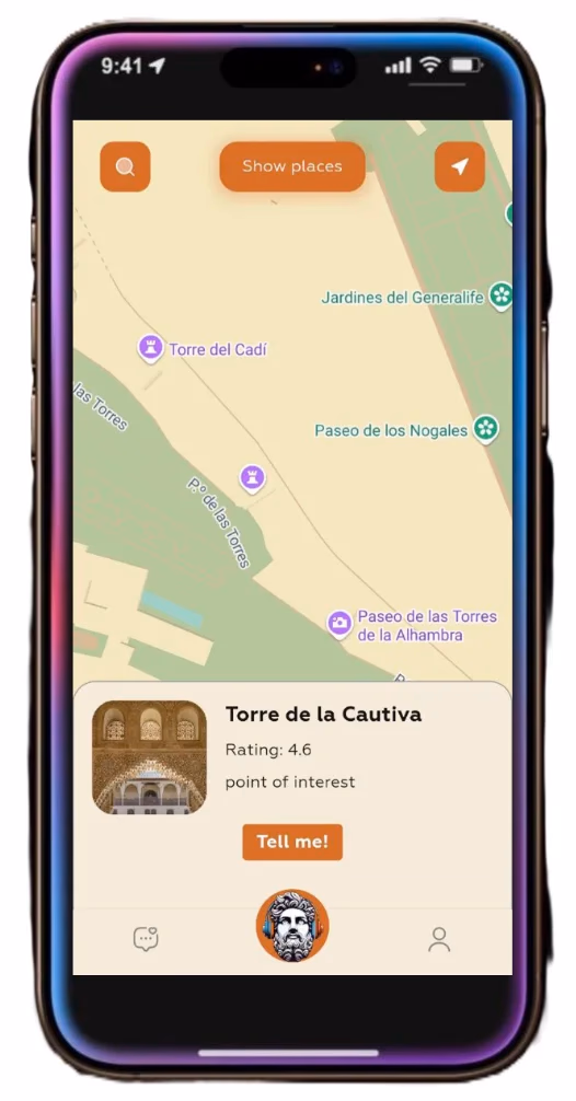 Herodot AI app showing map of Torre de la Cautiva