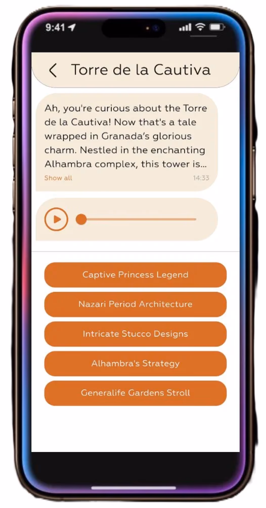 Herodot AI app showing information about Torre de la Cautiva